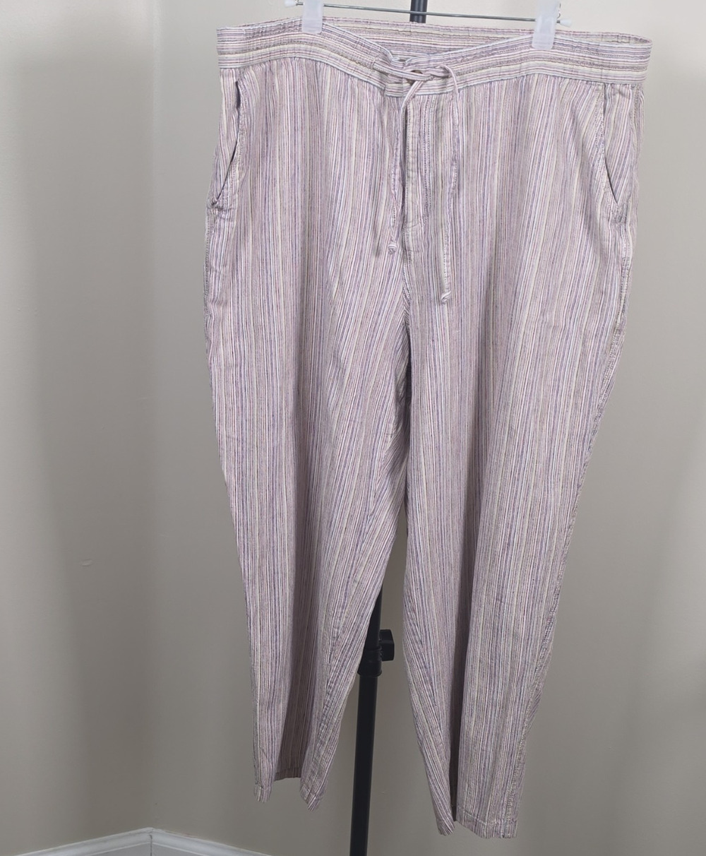 Sag Harbor Women’s L Beige Stripe Linen/Cotton Cropped Relaxed Pants Pockets 24"